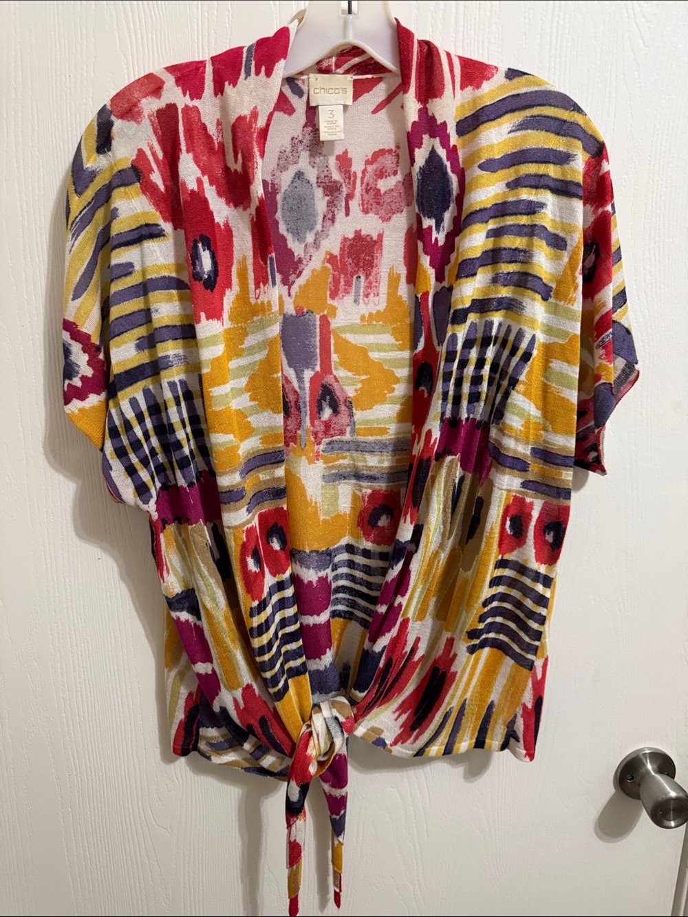 Chicos’s Colorful Waterfall Open Front Waist Tie Short Sleeve Cardigan Topper 3